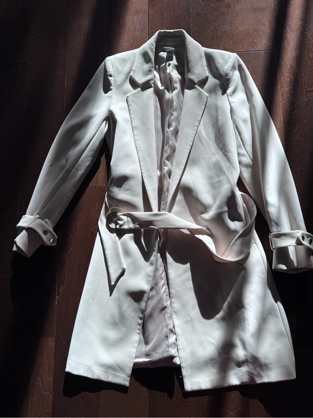 Creme Belted Long Blazer Coat